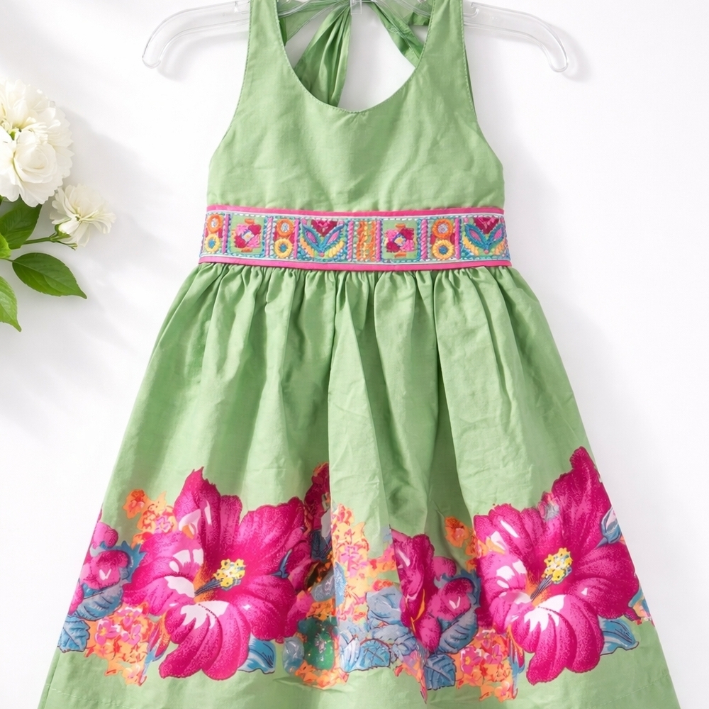 Girls Green Halter Floral Print Dress